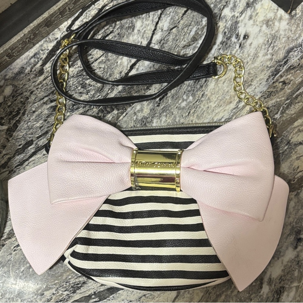 Betsey Johnson Pink Bow Striped Crossbody Bag